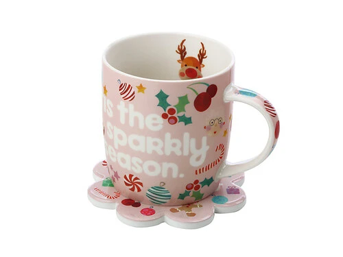 Kasey Rainbow Sparkly Season Mug 350ML & Coaster Set Pink Gift Boxed 3 Kasey Rainbow Sparkly Season Mug 350ML & Coaster Set Pink Gift Boxed