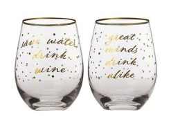 Celebrations Stemless Glass 500ML Set Of 2 Save Water, Drink Wine/Great Minds Drink Alike